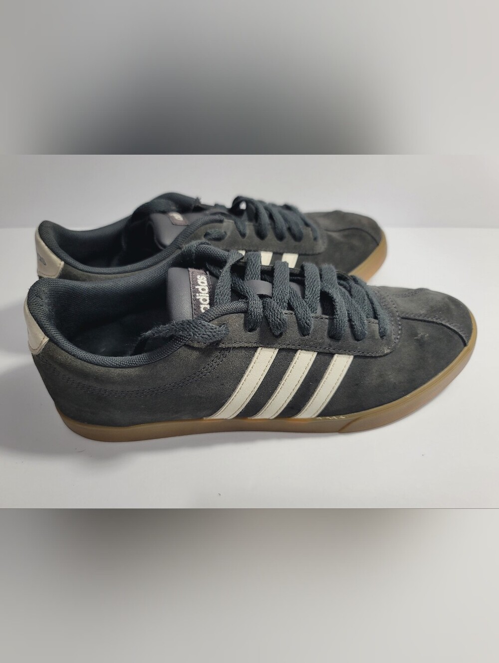 adidas Dark Gray Suede Sneakers with Cream Stripes and Gum Sole - Picture 4 of 7